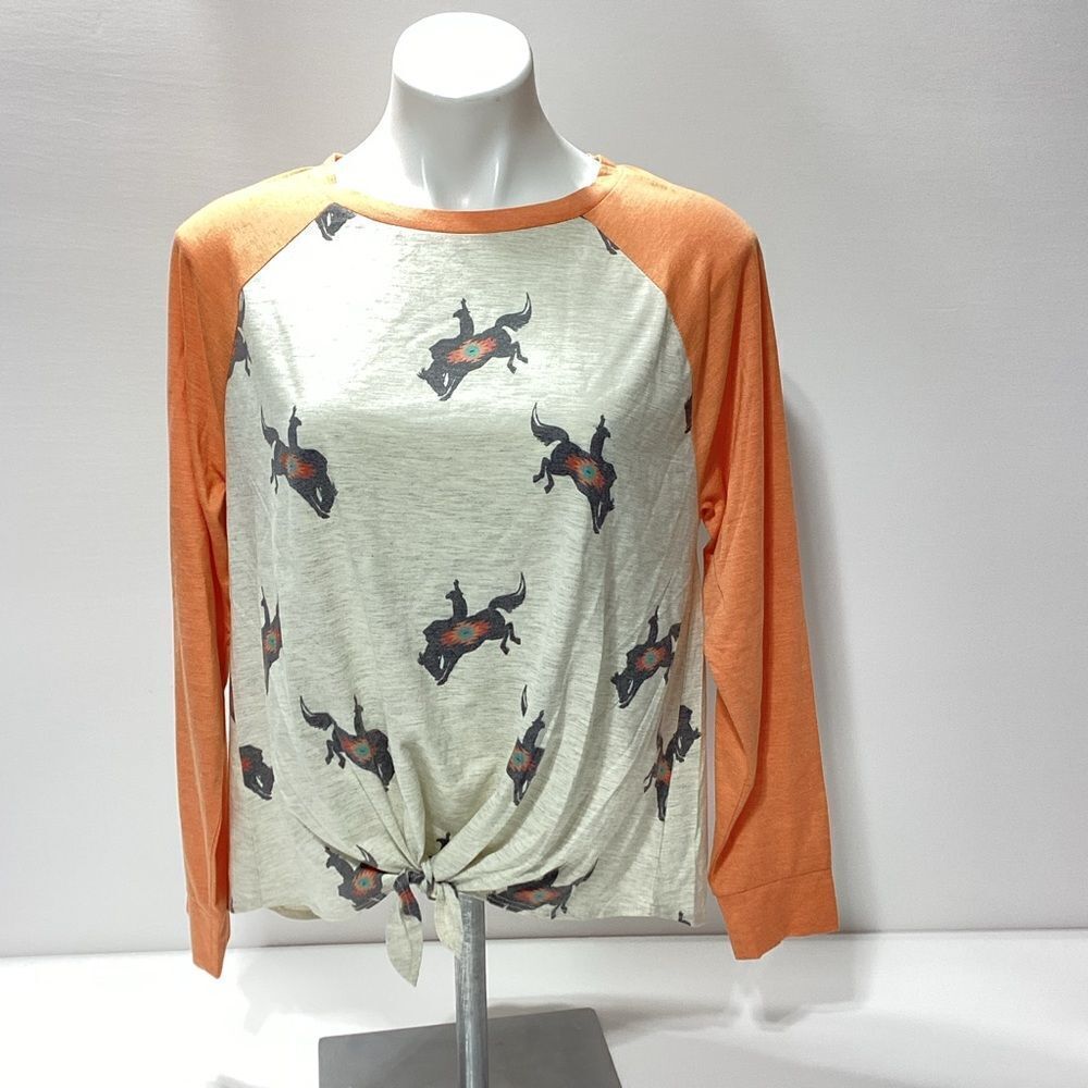 Cruel Denim Shirt Western Bucking Horse Tie Front Long Sleeve T- Shirt Material